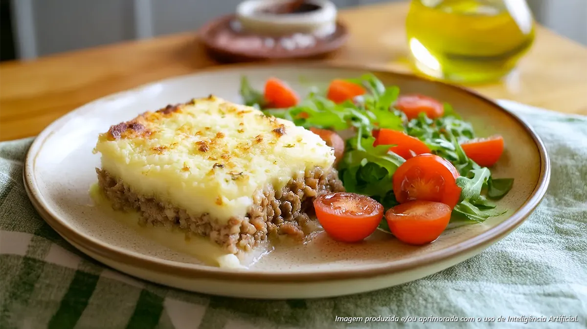 Escondidinho Vegano com Salada de Rúcula e Tomate-Cereja