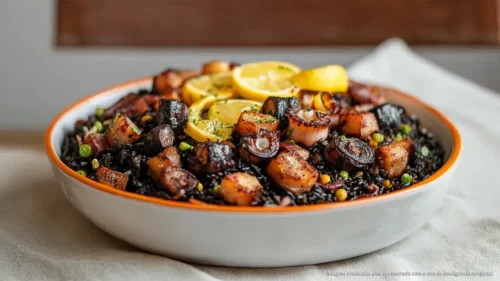 Arroz Negro com Bacon em Cubos, Polvo na Manteiga Ghee e Limão Siciliano