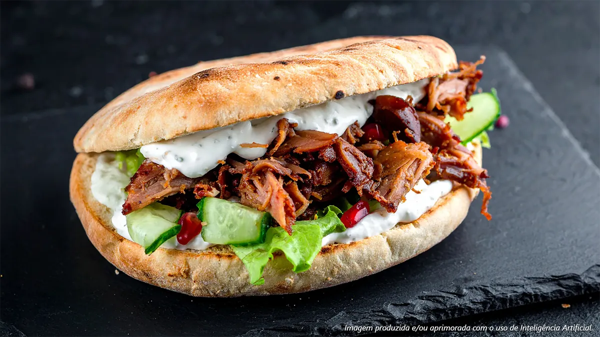 Costela defumada no pão sírio com molho de iogurte e pepino