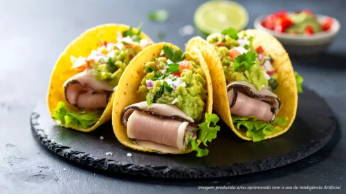 Tacos de presunto alemão fatiado com guacamole e alface crocante