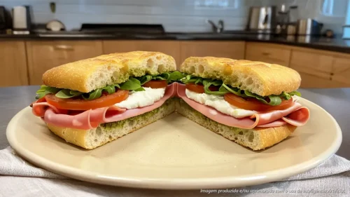 Focaccia com mortadela, burrata e molho pesto