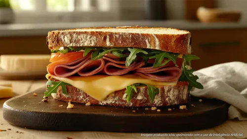 Sanduíche de mortadela com queijo, tomate e rúcula