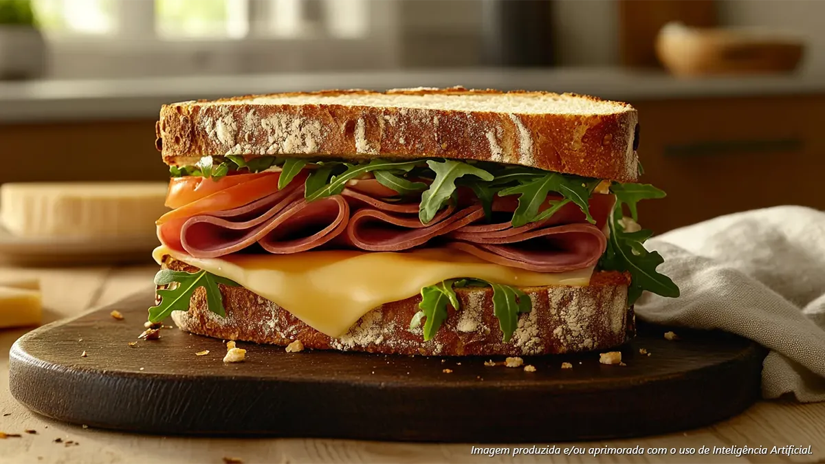Sanduíche de mortadela com queijo, tomate e rúcula