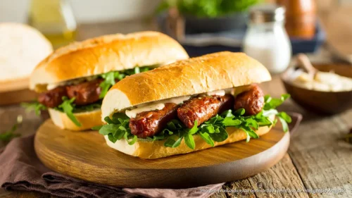 Sanduíche de linguiça de costela com maionese de alho e rúcula fresca