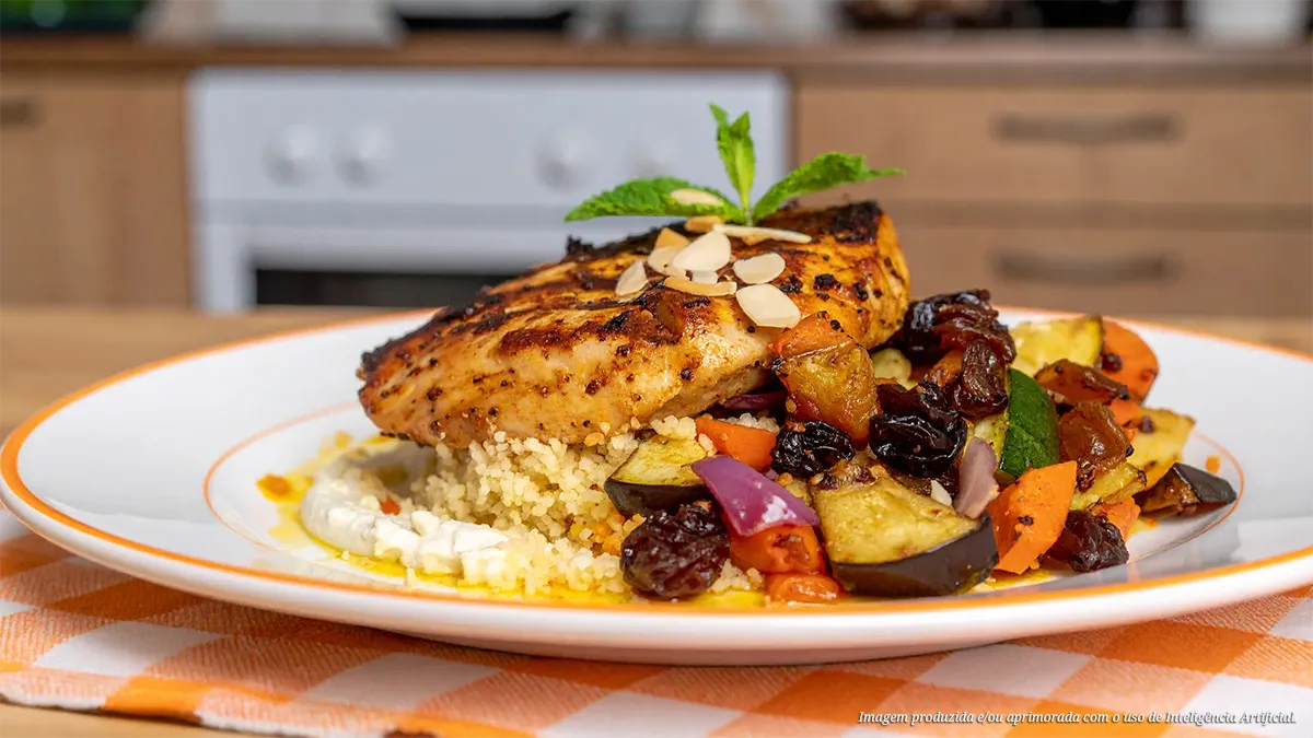 Peito de frango grelhado com couscous marroquino e coalhada seca