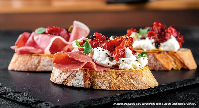 Apresenta bruschettas de Jamón Serrano com tomate confitado e burrata. As bruschettas estão decoradas com folhas verdes e sementes escuras.