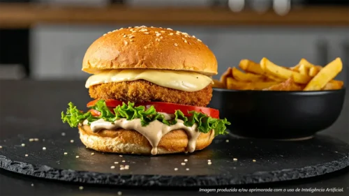 Hambúrguer artesanal de frango com maionese de alho negro e batatas rústicas