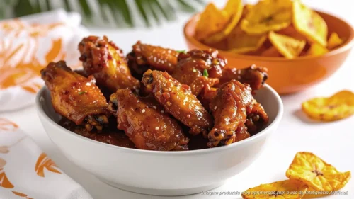 Meio da asa ao molho de tamarindo com chips de banana da terra