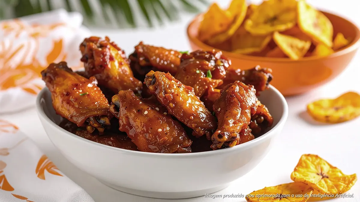 Meio da asa ao molho de tamarindo com chips de banana da terra