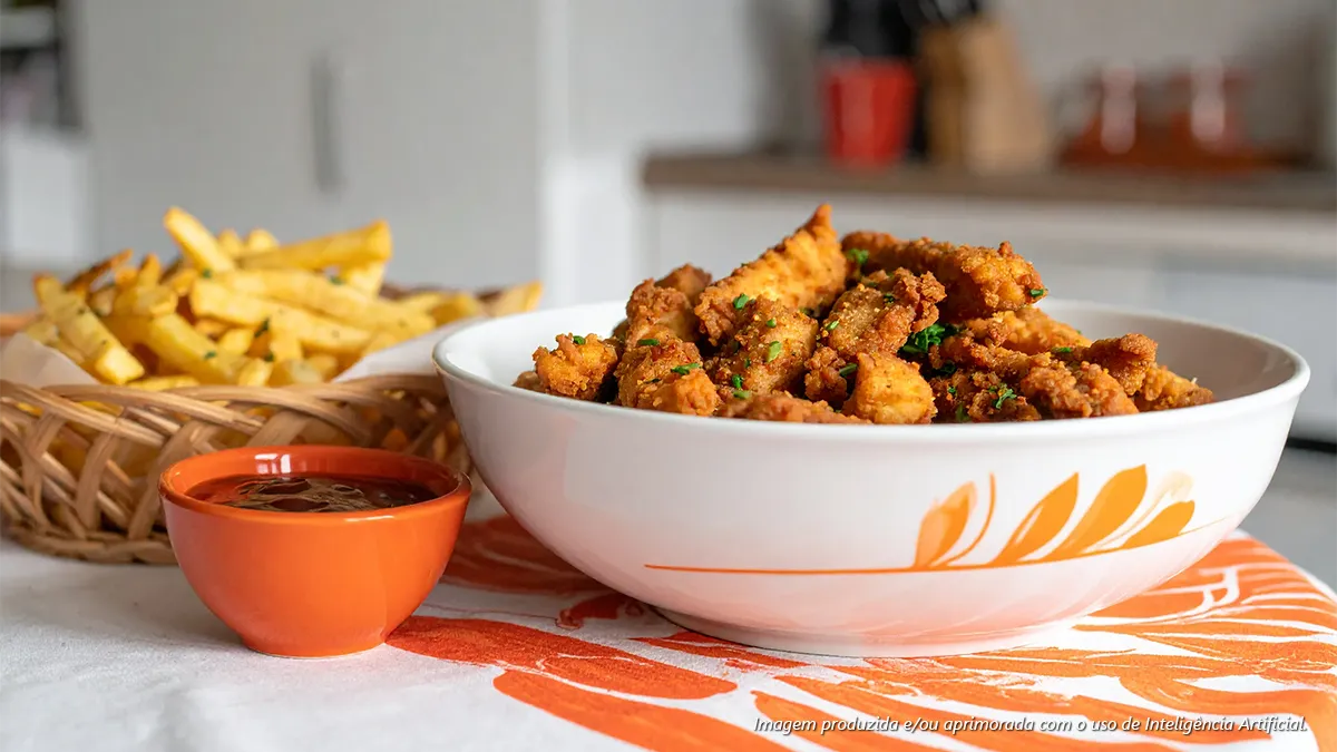 Tiras de frango frito com molho barbecue e batata frita temperada