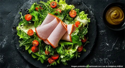 Salada de folhas verdes com lombo condimentado e molho de mostarda e mel