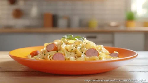 Macarrão à carbonara com salsicha