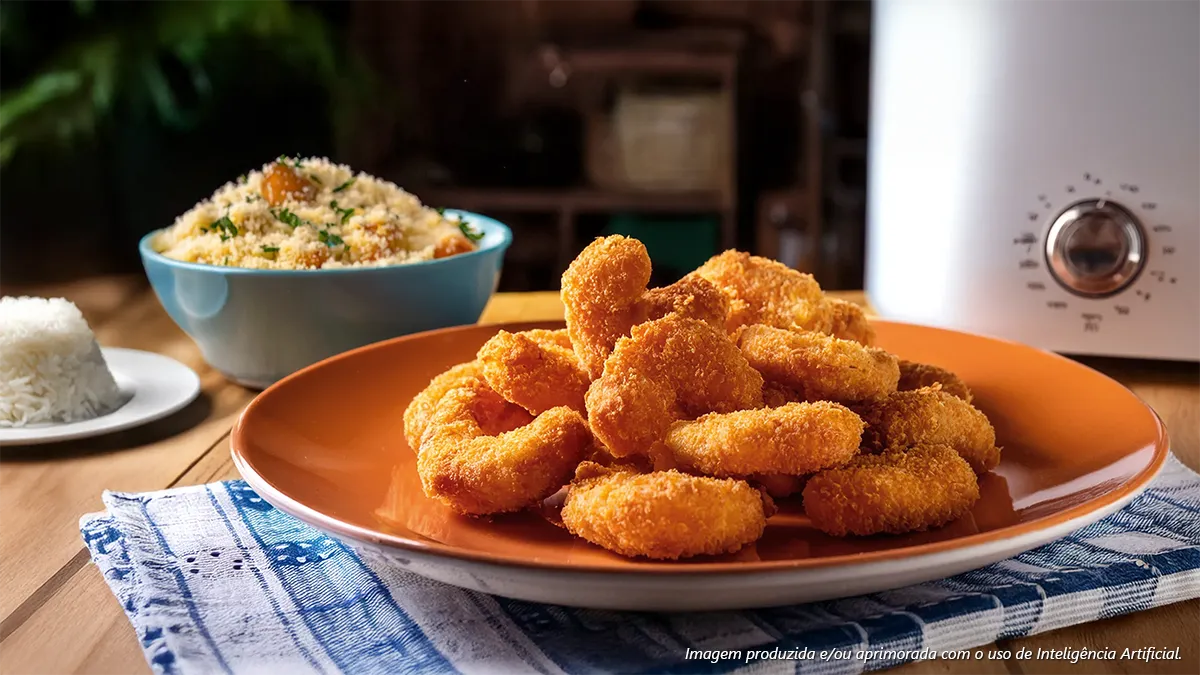 Camarão empanado na air fryer com farofa de banana-da-terra e arroz branco
