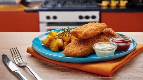 Peixe empanado com batatas