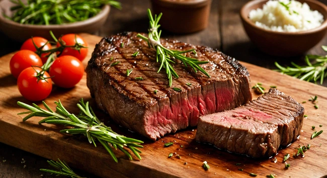 Corte alto de carne grelhada com interior rosado, servido na tábua de madeira com alecrim, tomate-cereja e arroz ao fundo.