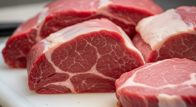 Pedaços de carne crua com boa marmorização sobre tábua de polietileno, ideais para cortes precisos e preparação segura.