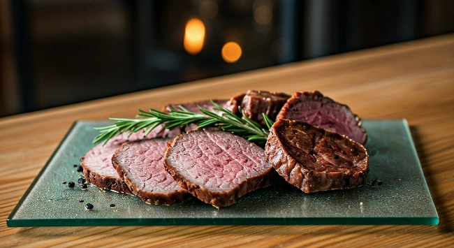 Fatias de carne assada ao ponto, servidas com ramos de alecrim sobre uma elegante tábua de vidro em ambiente sofisticado.